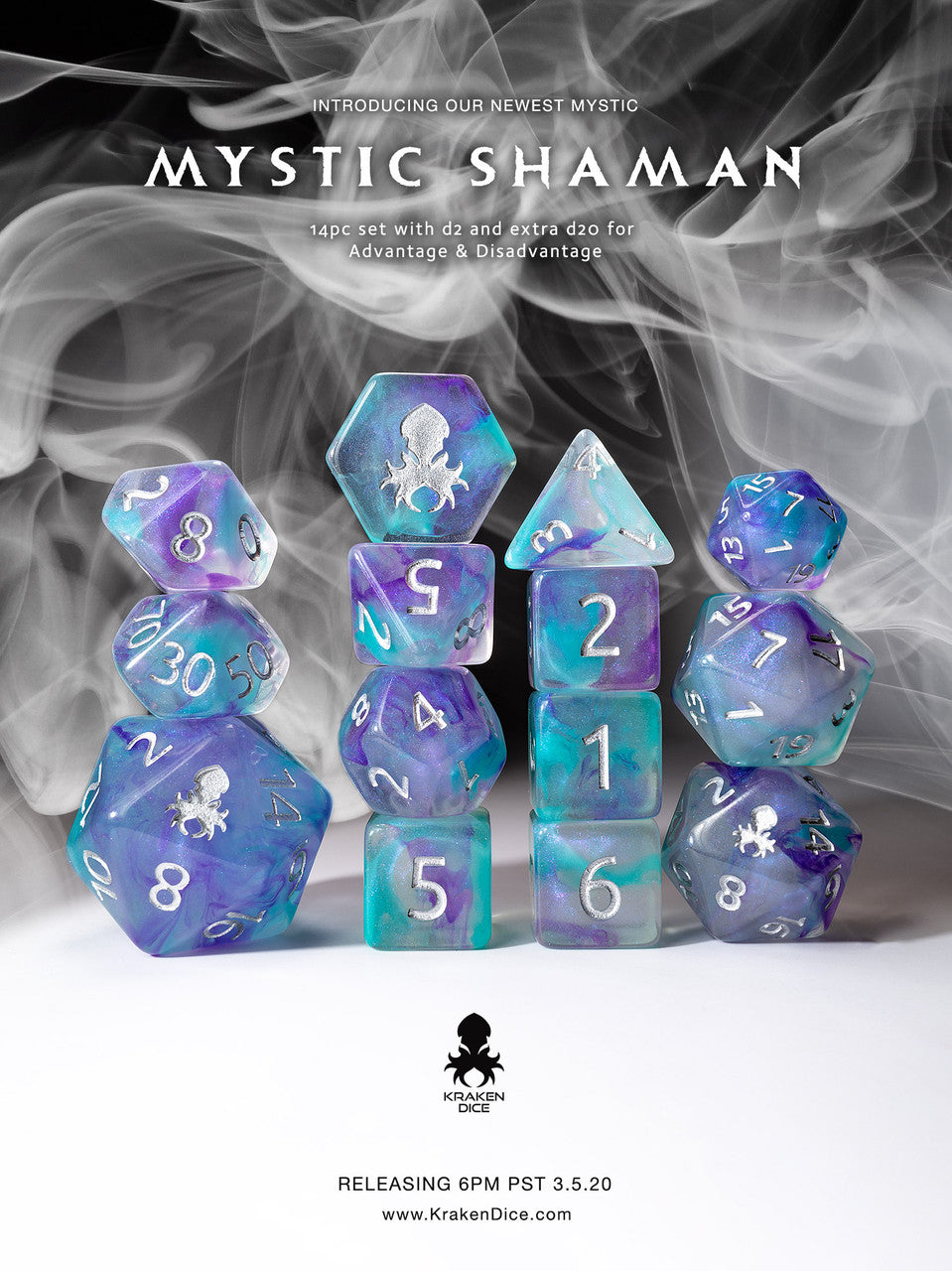 Mystic Shaman 14pc Polyhedral Dice Set with Silver Ink